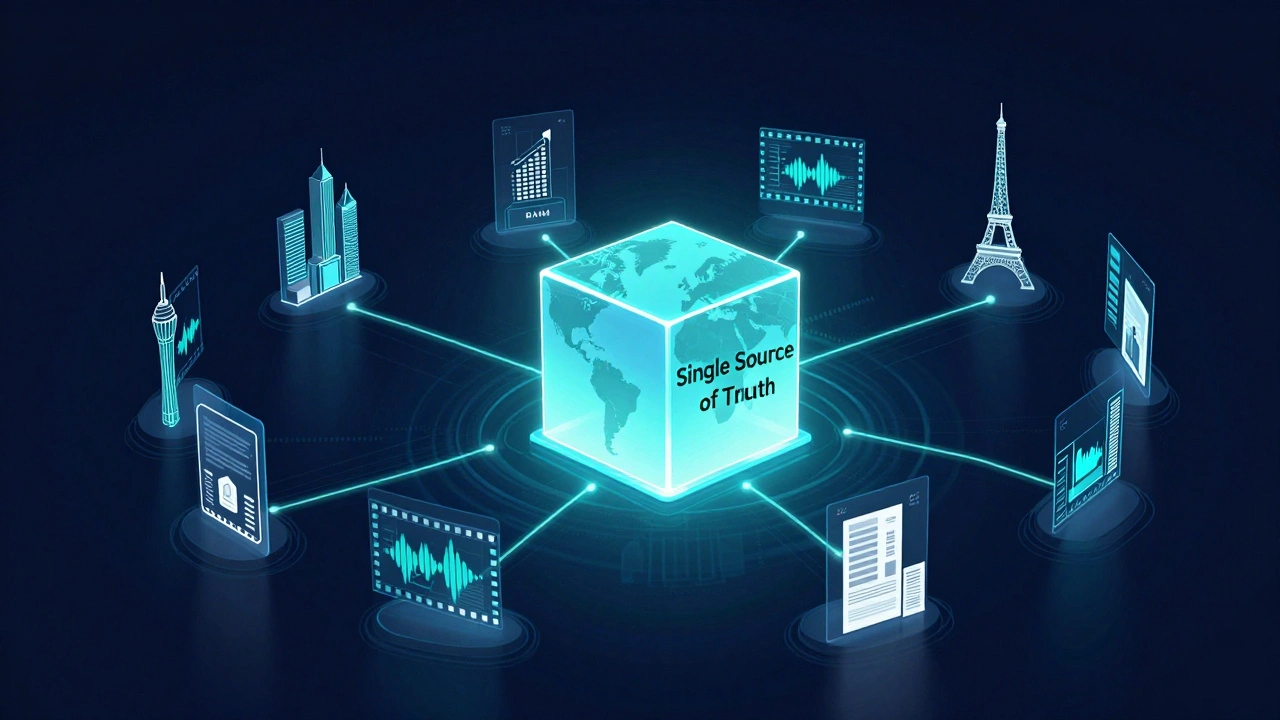 A digital network showing a central asset hub distributing film content to global cities.