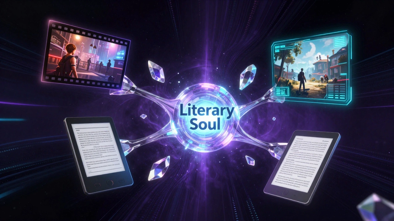 A digital representation of a story expanding into film, gaming, and books.