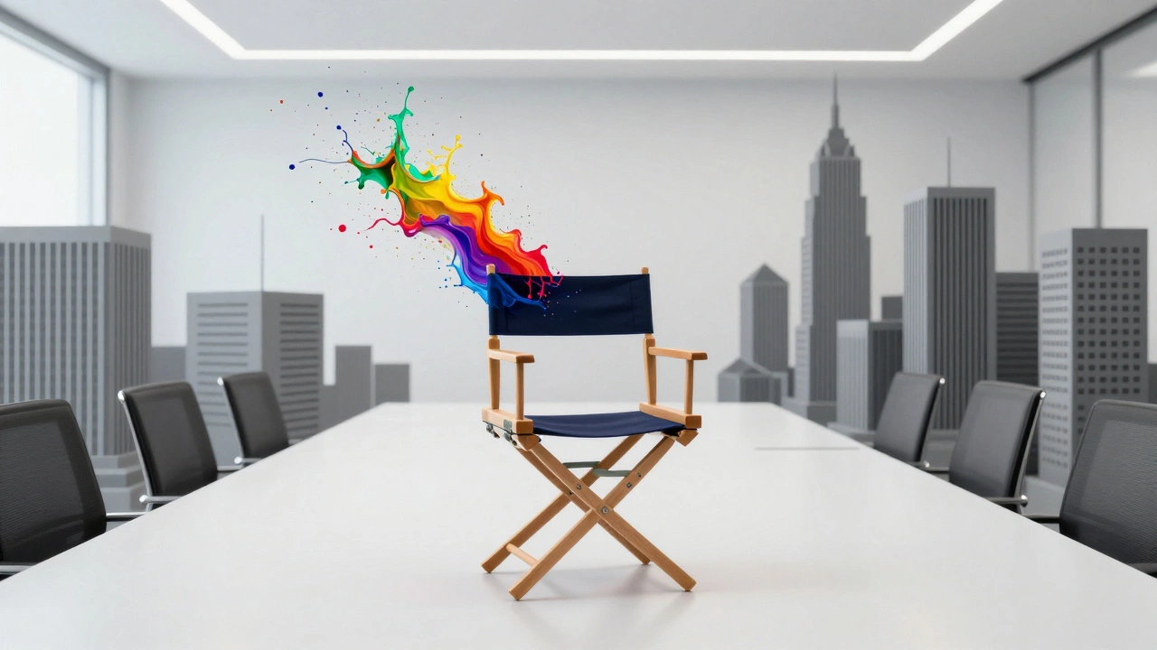 A director's chair in a corporate boardroom with colorful creativity clashing with grey corporate structures.