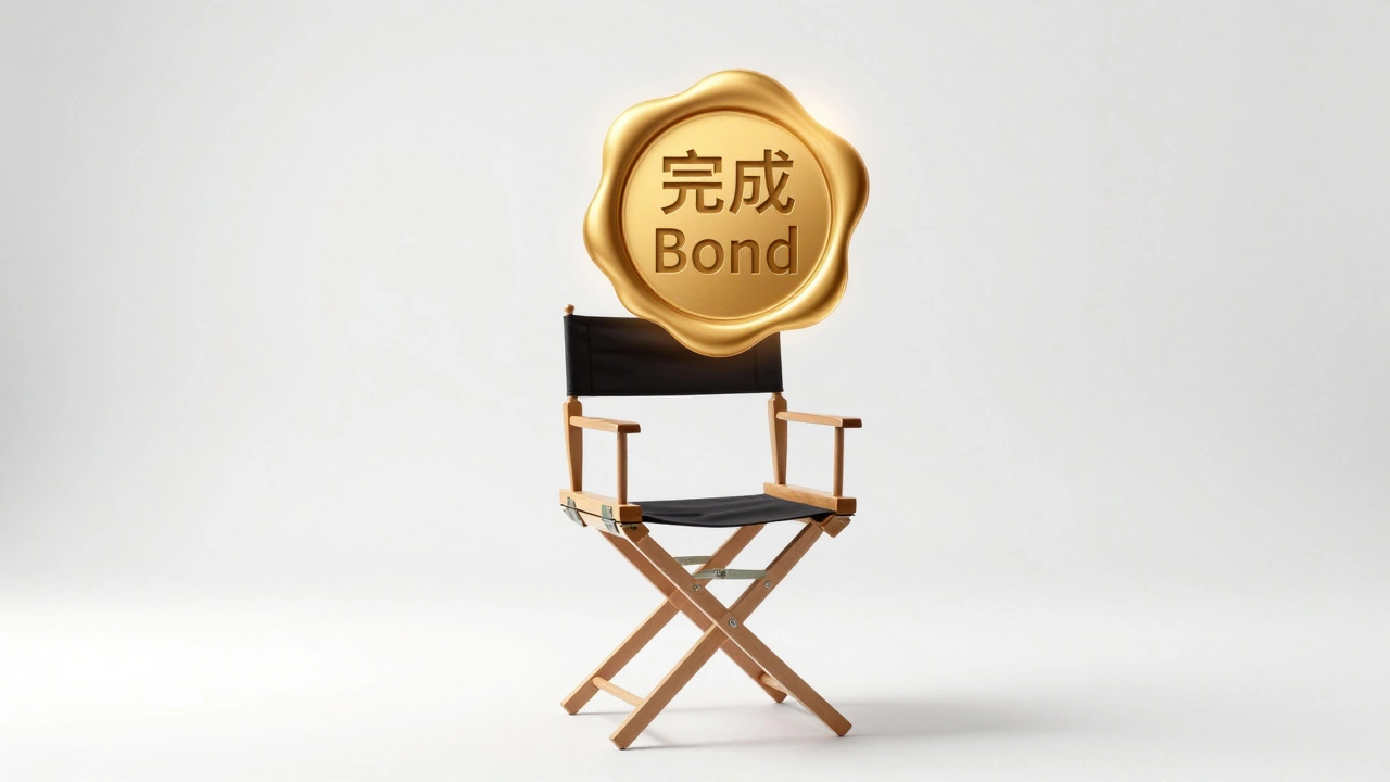 A director's chair under a glowing golden seal symbolizing a financial completion bond.