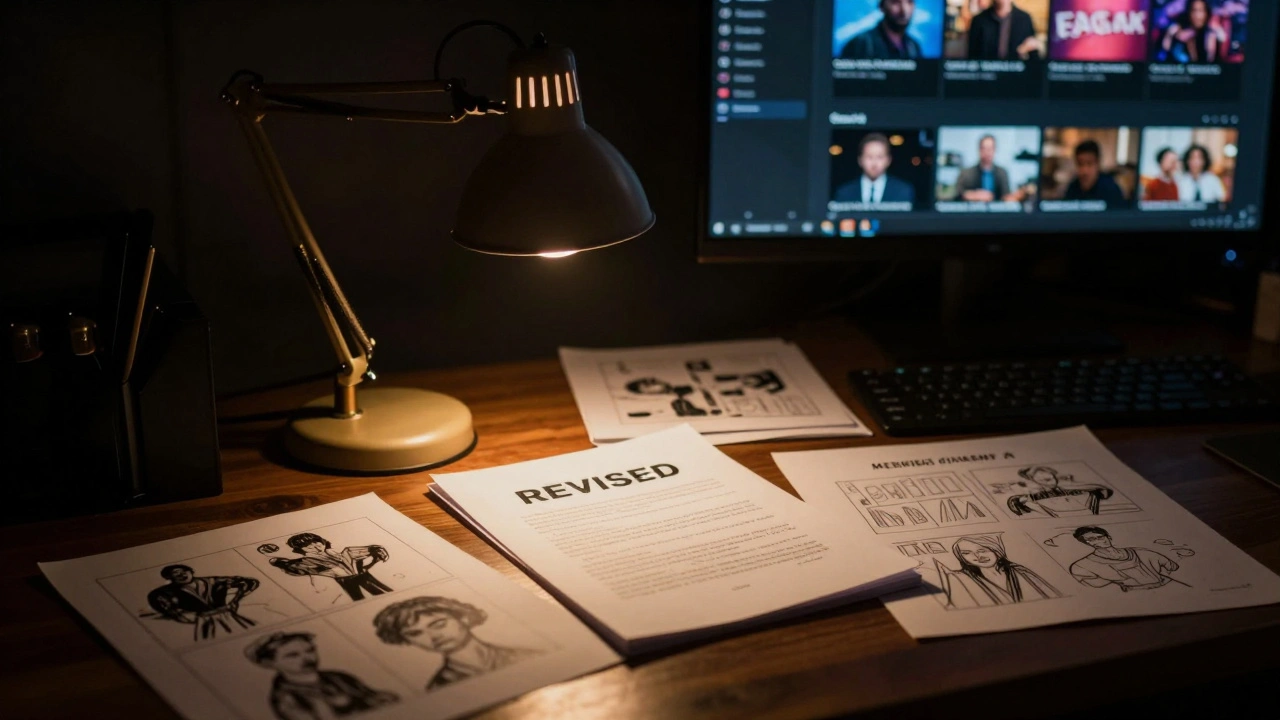 A director's desk with scripts and storyboards under a warm lamp in a dark studio.