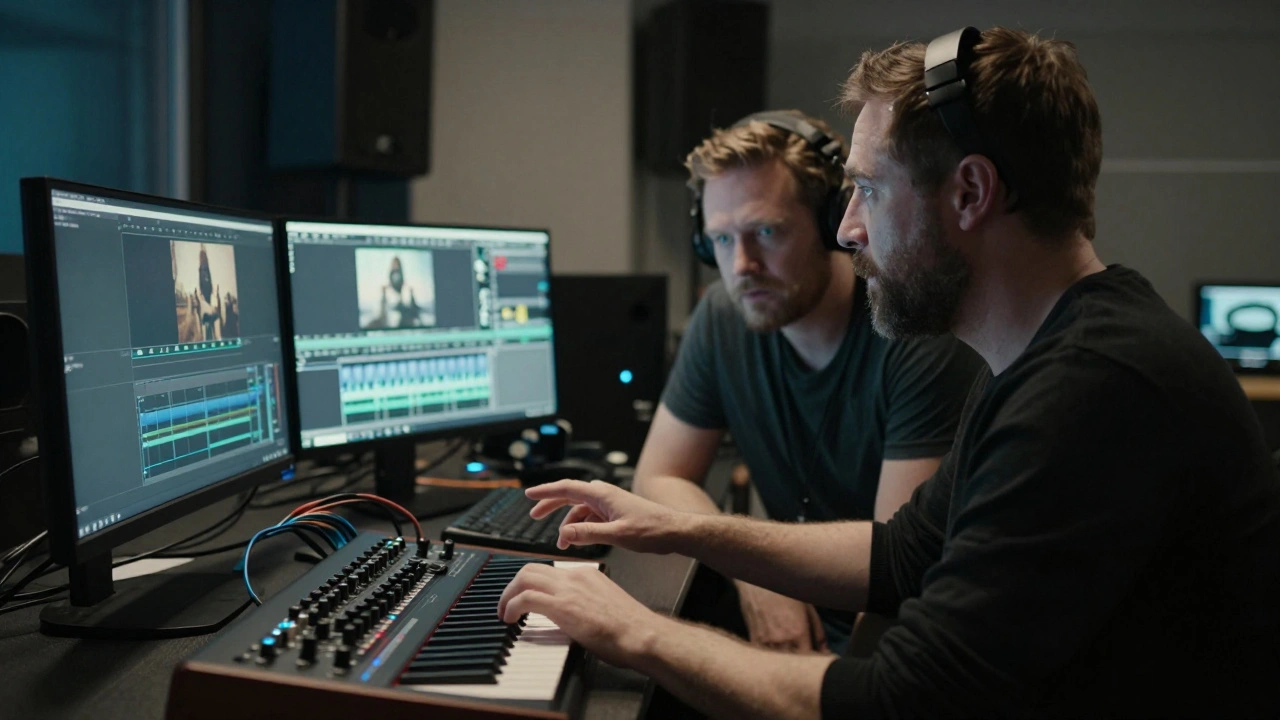 A director and composer collaborating in a dark movie editing studio with synthesizers
