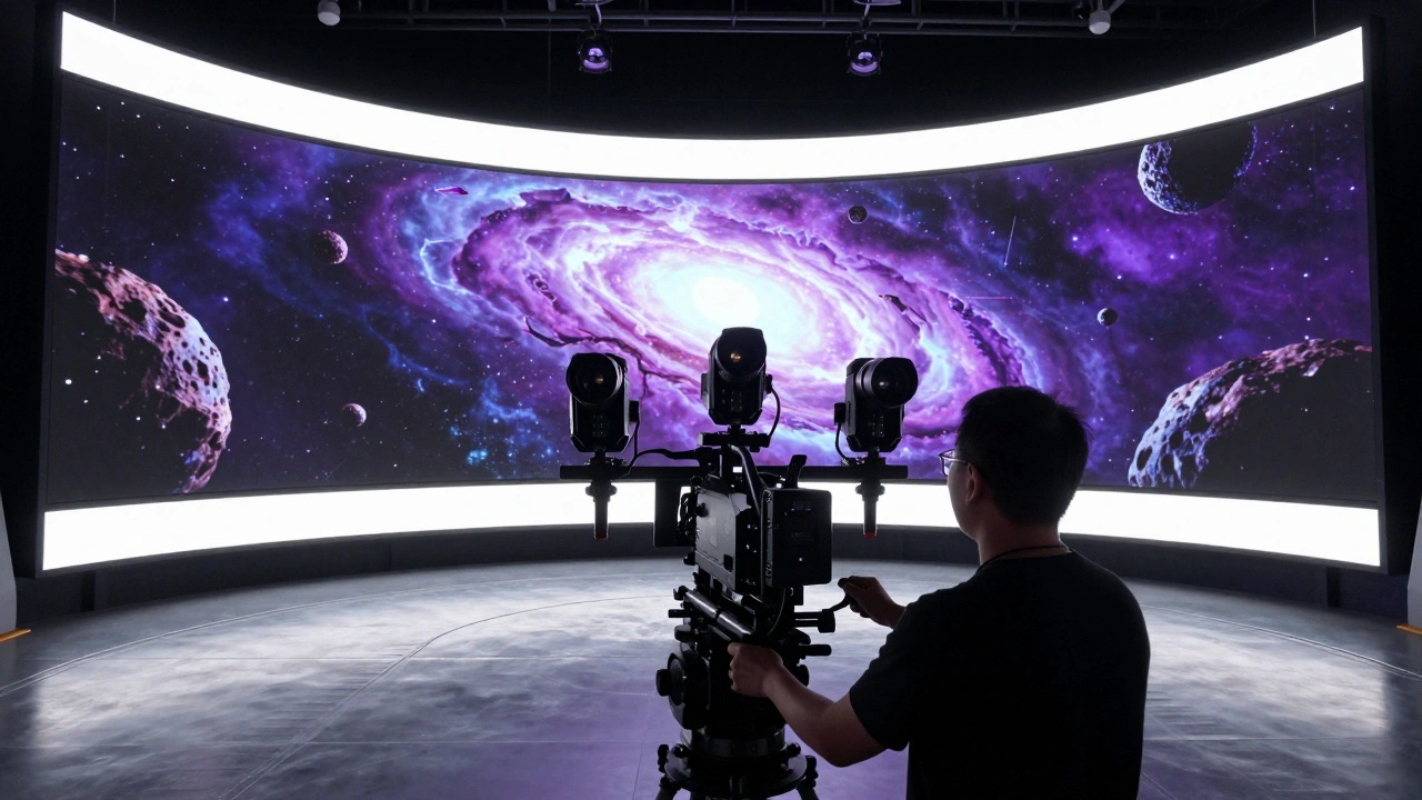 A film crew using a multi-camera rig on a virtual production set with curved immersive screens
