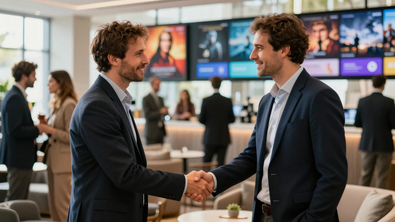 A film sales agent and local distributor shaking hands at a professional international film festival.