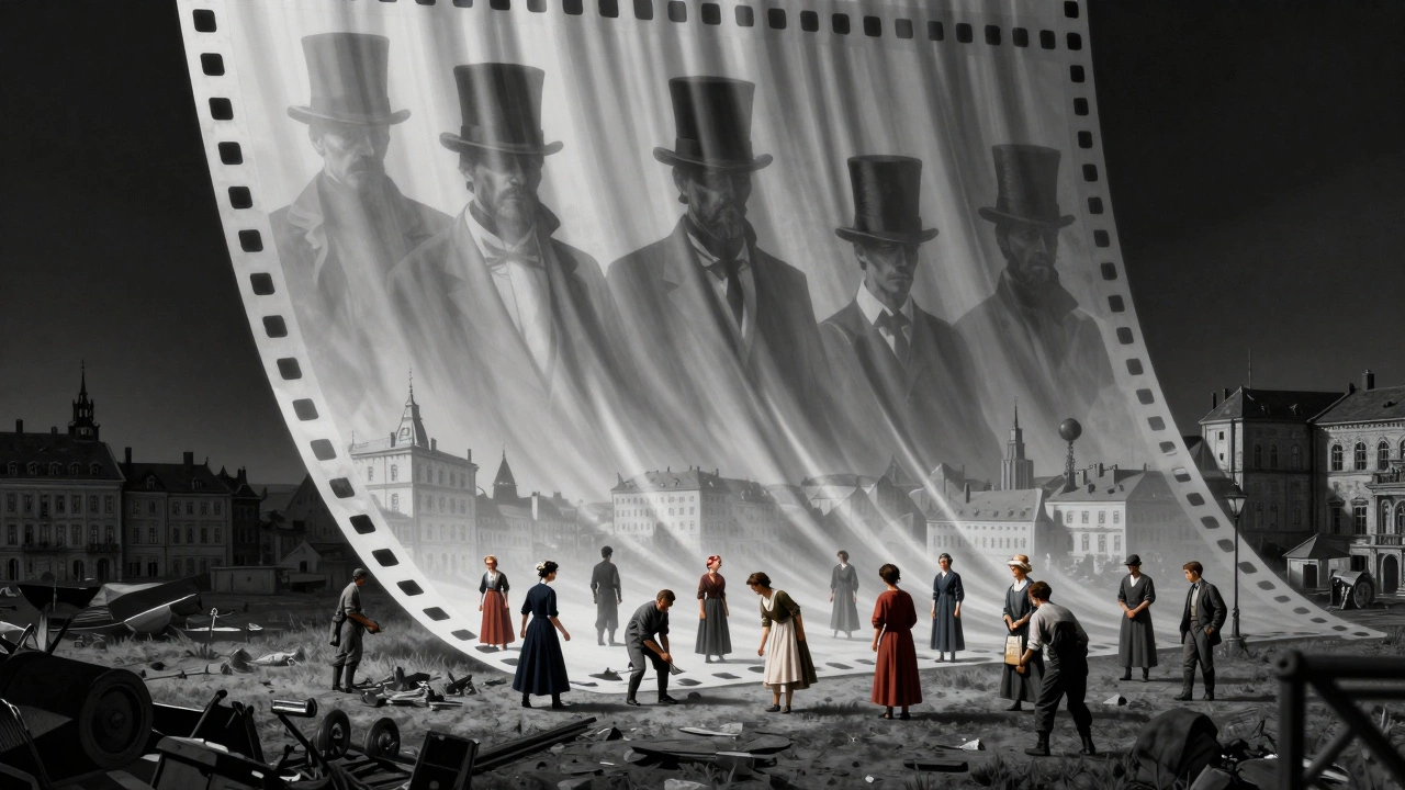 A film strip revealing marginalized historical figures in a grayscale city landscape.
