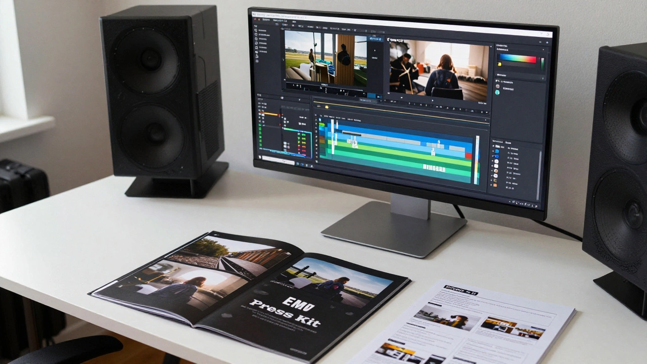 A filmmaker's workspace with a video editing timeline on a monitor and a physical press kit.