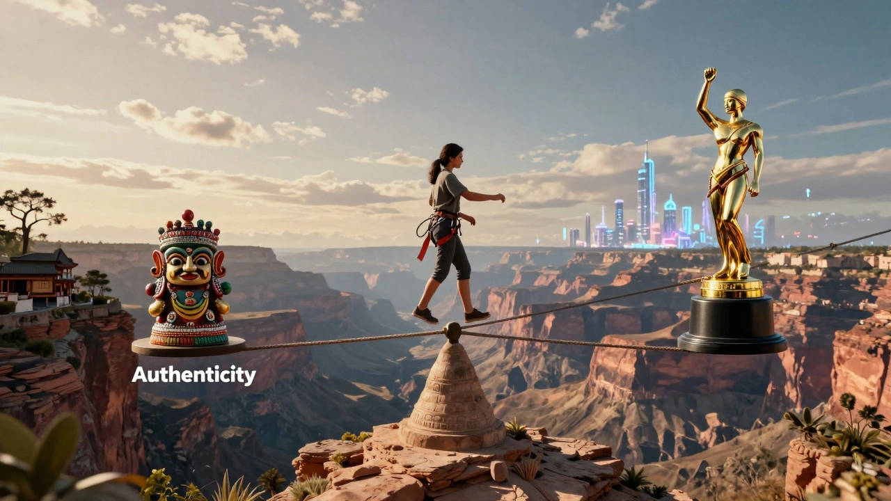 A filmmaker balancing cultural authenticity and global appeal on a tightrope.