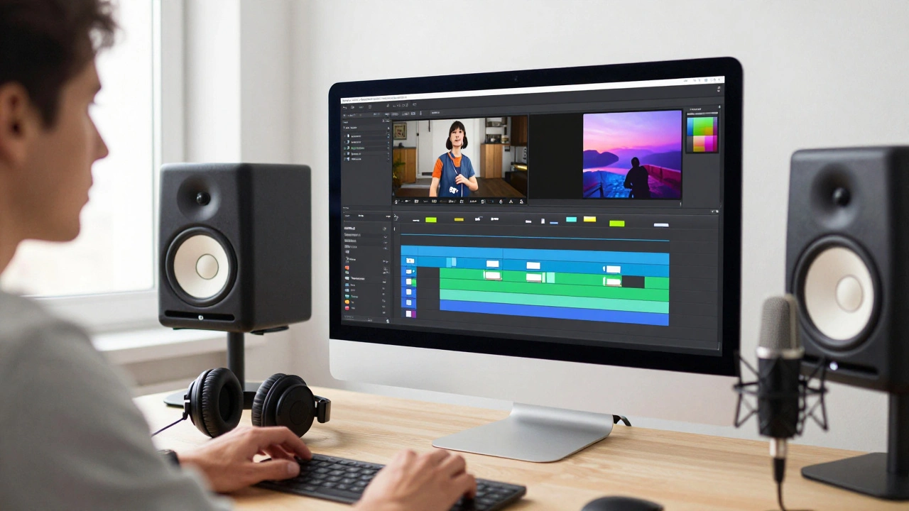 A filmmaker editing a multi-track video timeline in Kdenlive within a home studio.