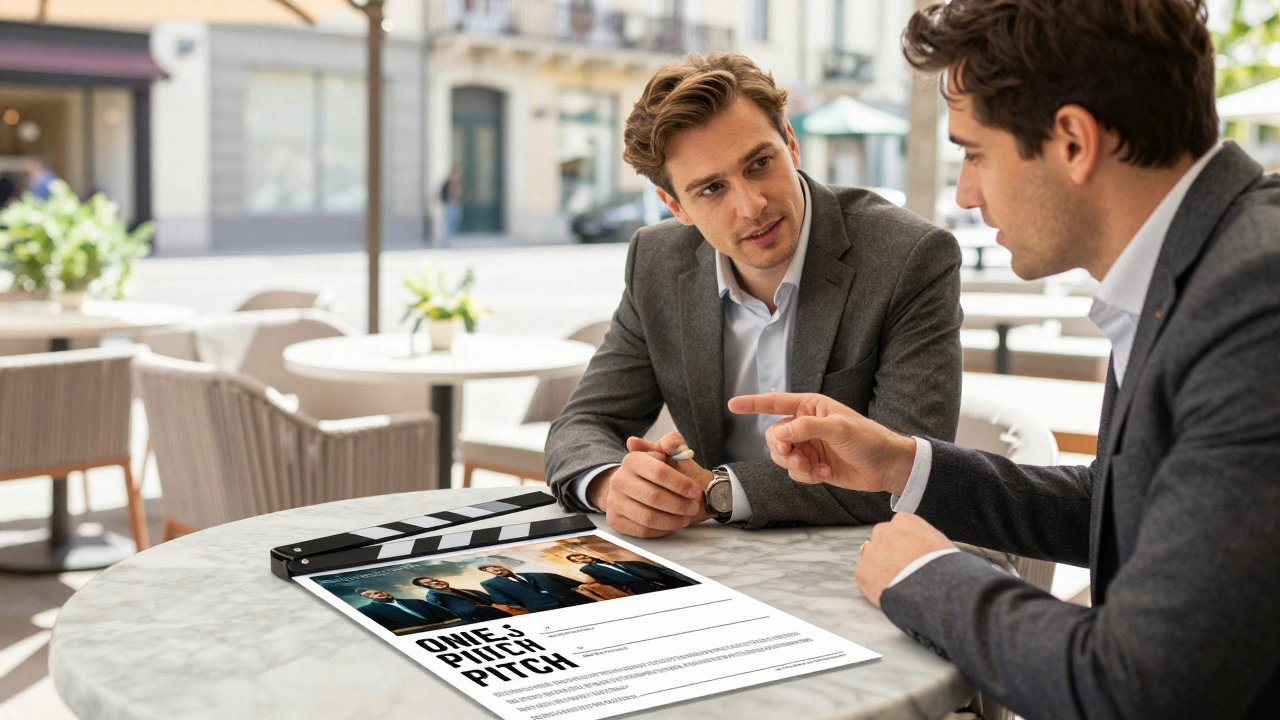 A filmmaker presenting a physical one-sheet pitch to a producer at a bright outdoor cafe