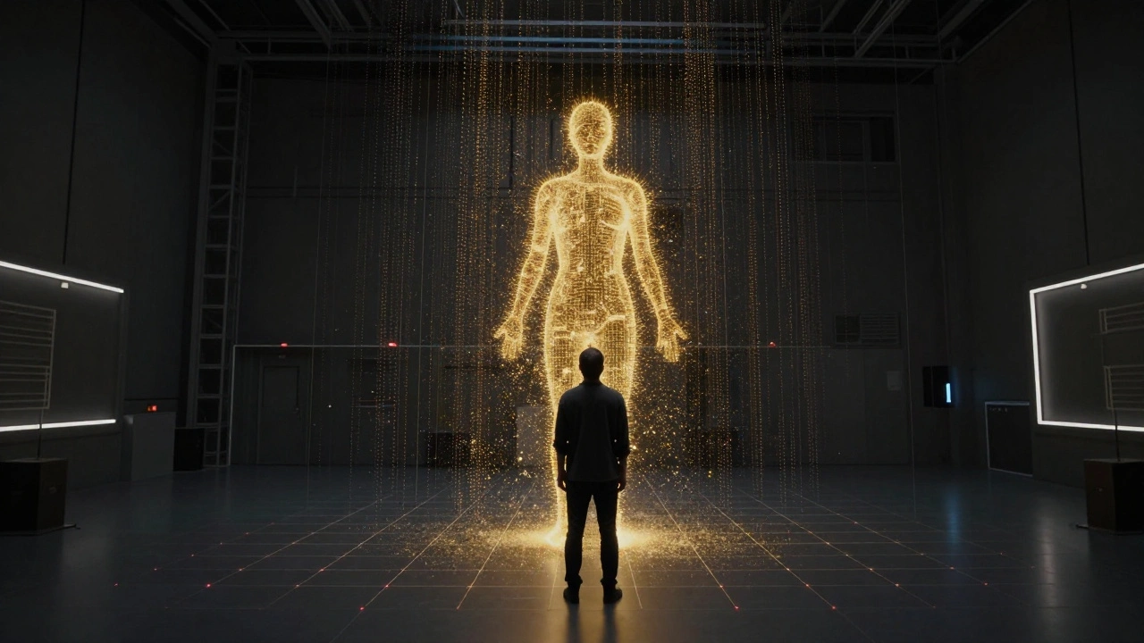 A filmmaker recording a scene using volumetric capture technology with data points.