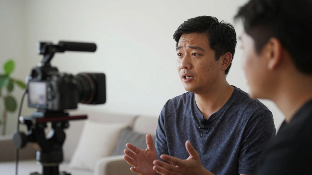 A filmmaker recording an intimate interview with a subject using a mirrorless camera