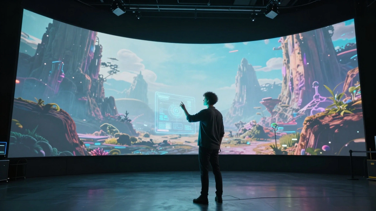 A filmmaker using a virtual production studio with large LED walls and holographic interfaces.