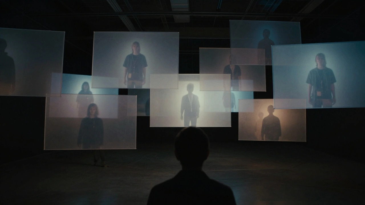 A first-person view of an immersive art installation with multiple translucent screens showing human figures.