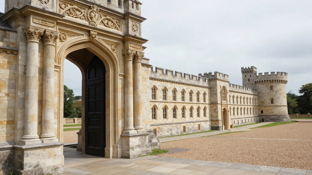 A forced perspective movie set showing a full-sized door transitioning into a scaled-down castle wing.