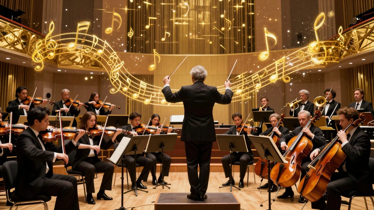 A full symphony orchestra performing in a lavish golden studio with floating musical notes.