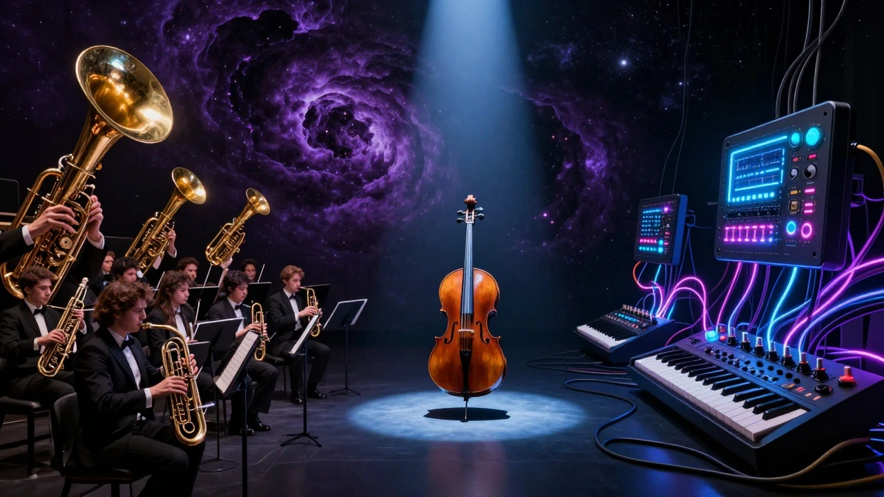 A fusion of a symphonic orchestra, a solo cello, and neon synthesizers in a cosmic setting.