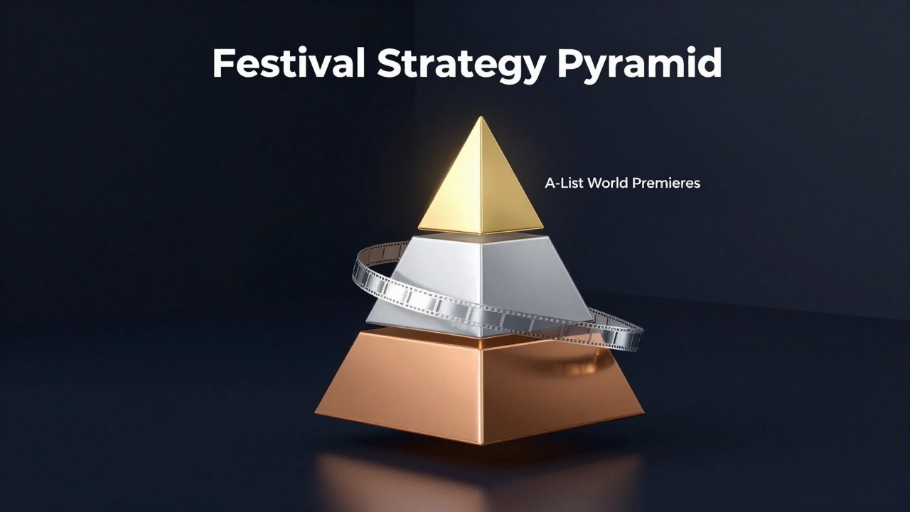A glowing conceptual pyramid illustrating the tiered strategy of film festival premieres.