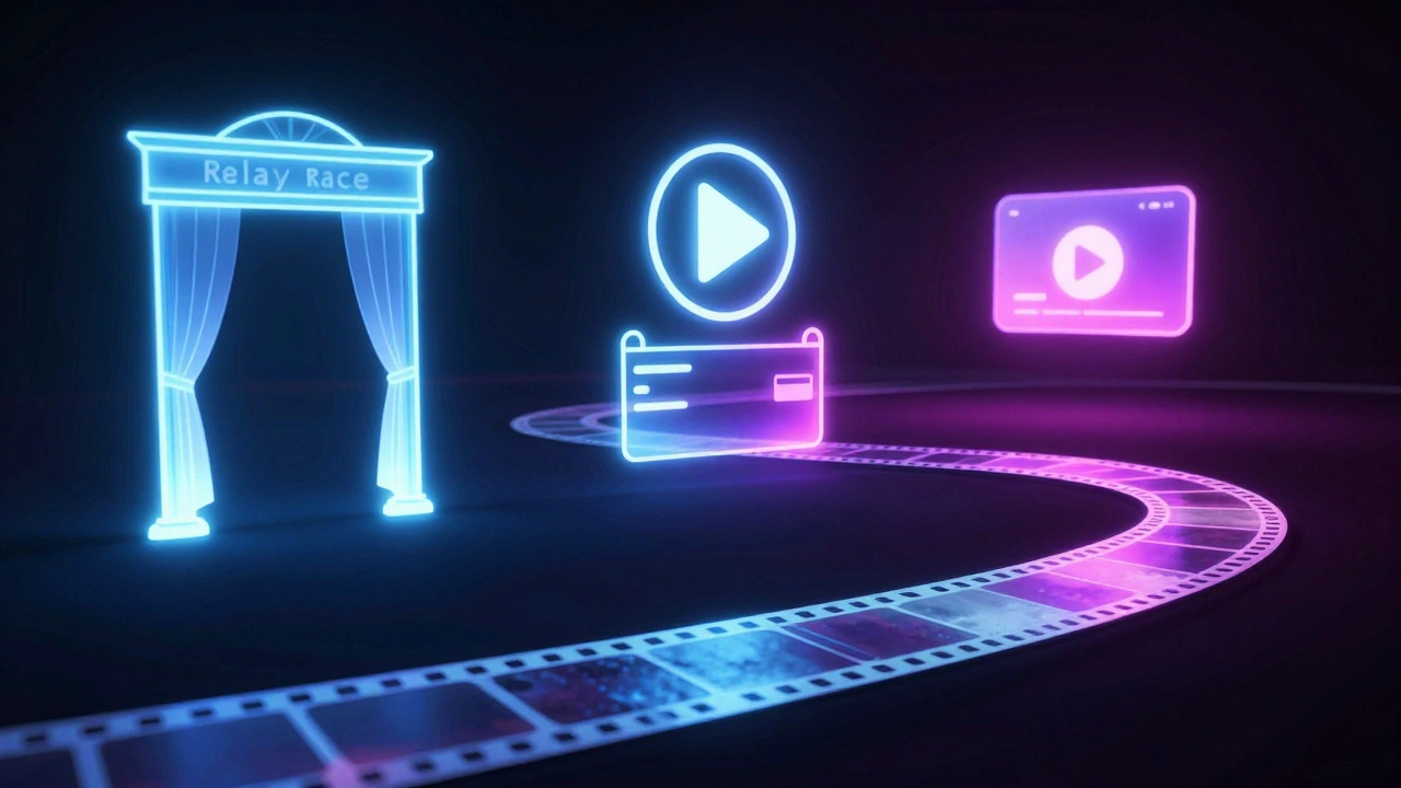 A glowing film strip passing through cinema, digital rental, and streaming portals.