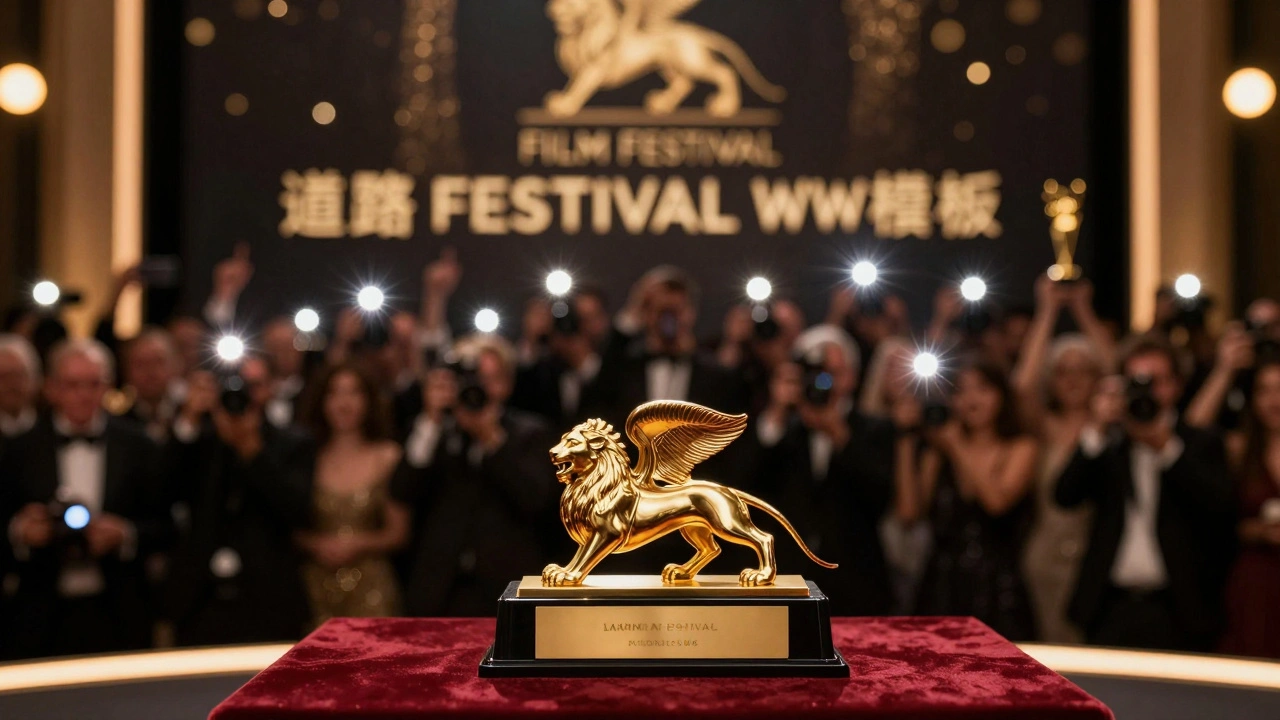 A gold film festival trophy on a pedestal with a cheering crowd in the background.
