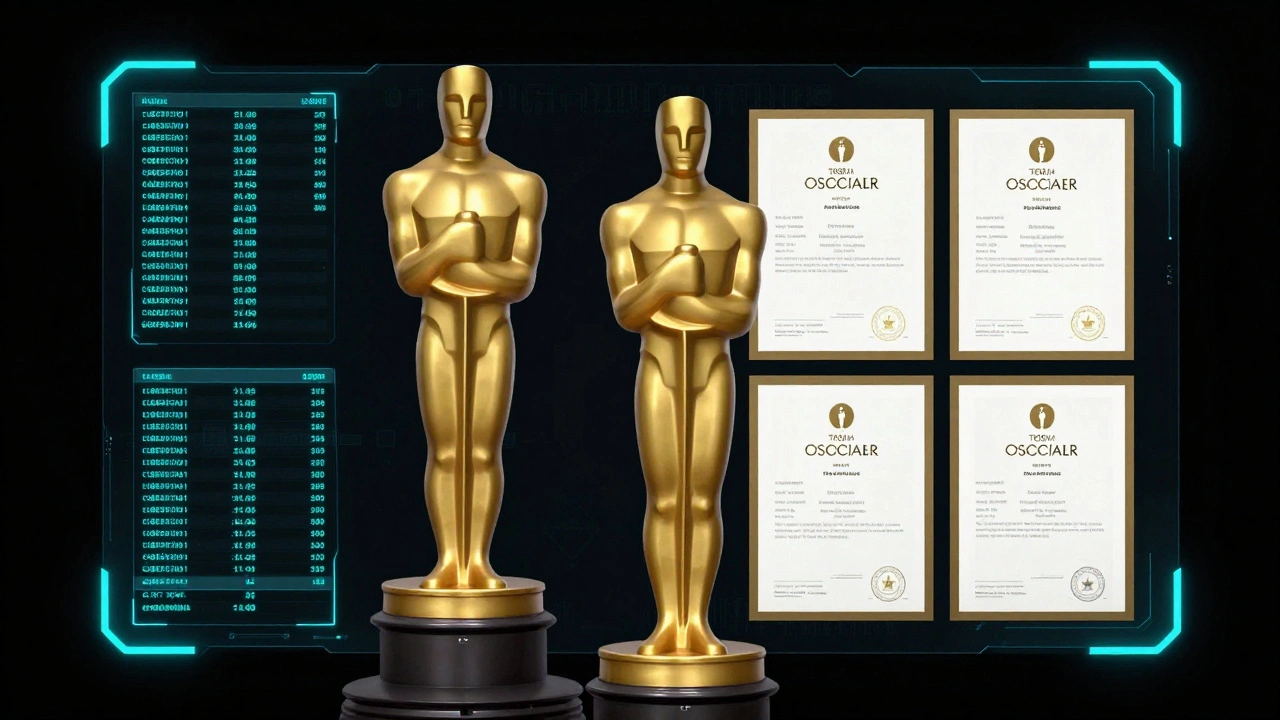 A gold Oscar statue reflected in a digital data interface with verification codes.