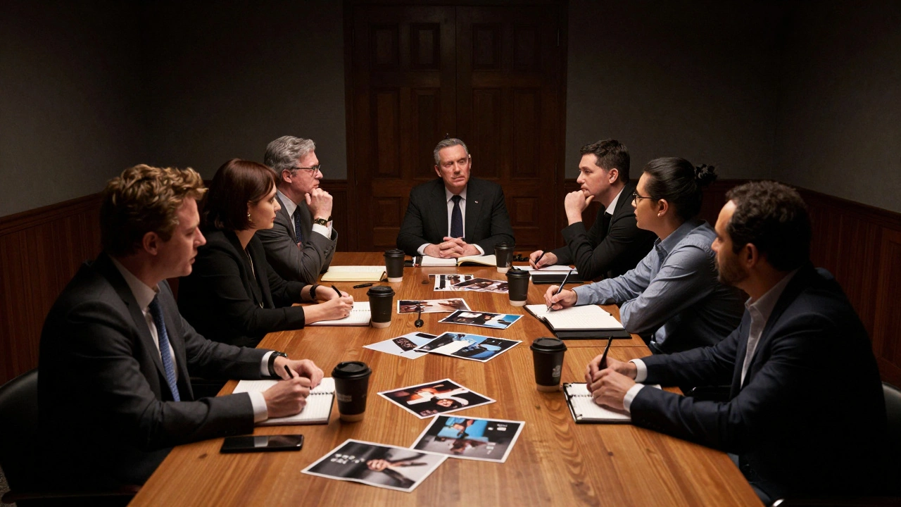 A group of festival jurors in a heated debate during final deliberations.