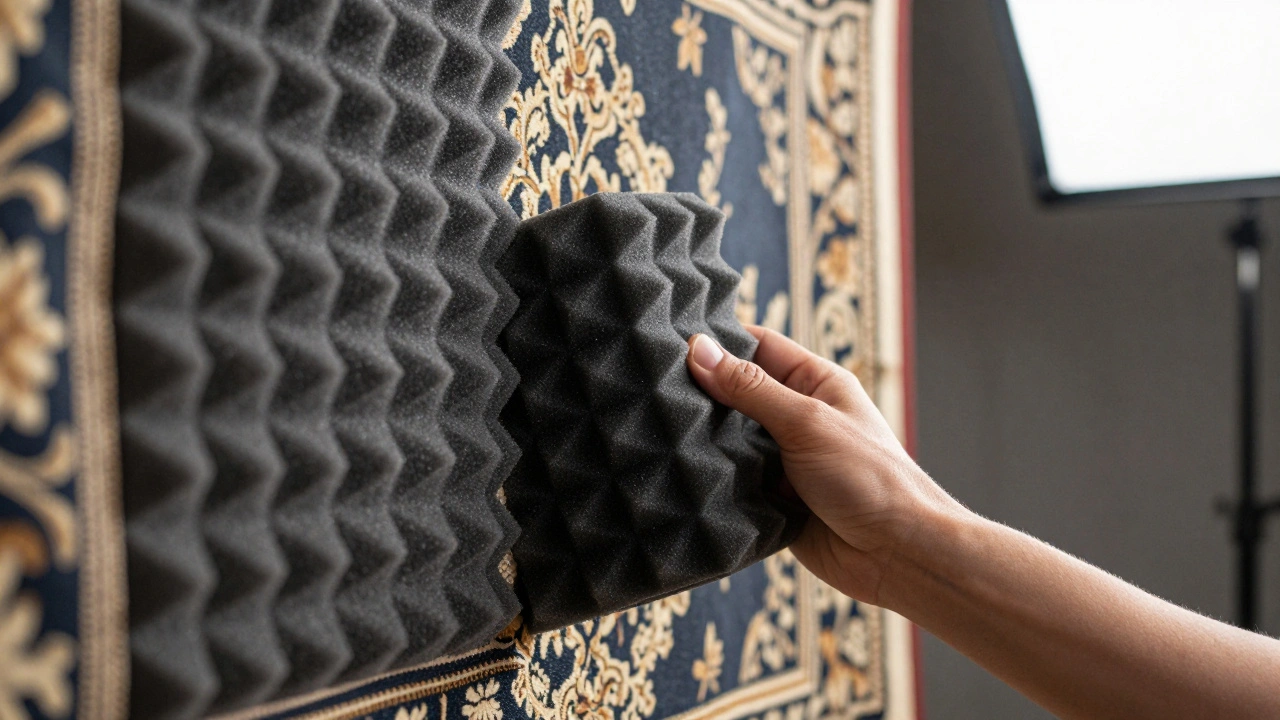 A hand hiding acoustic foam behind a vintage tapestry on a movie set