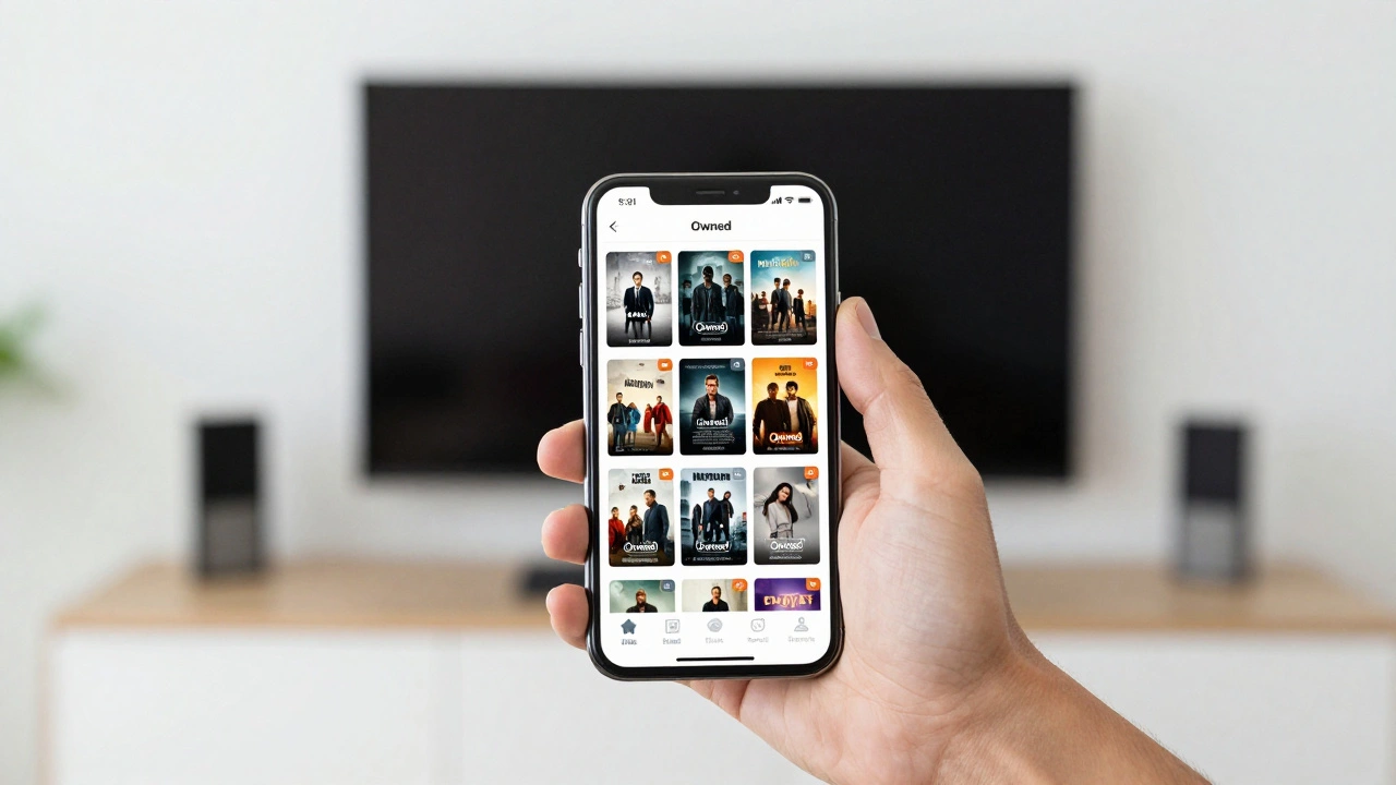 A hand holding a phone displaying a digital movie collection with ownership badges