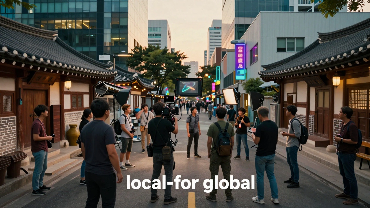 A high-budget movie production set in a vibrant, neon-lit international city center.