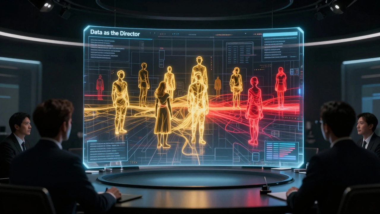 A holographic heat map showing viewer interest data used to decide which characters get spin-offs.