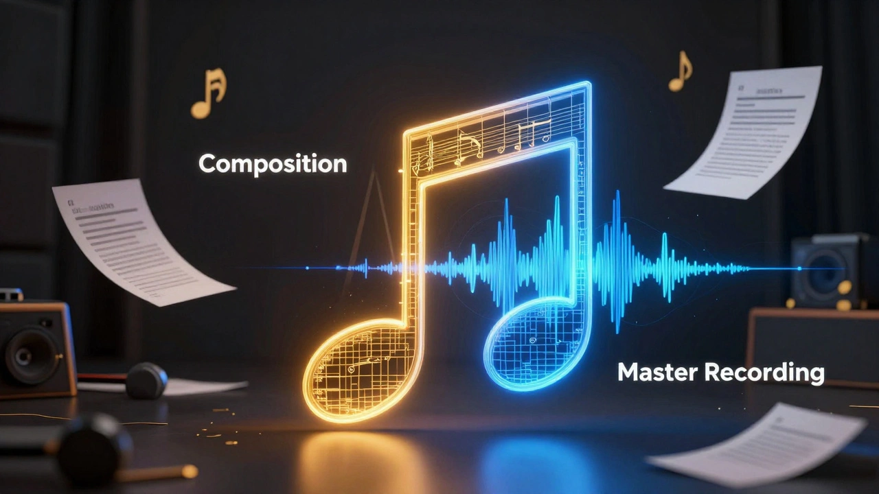 A holographic musical note split into a golden blueprint and a blue soundwave.
