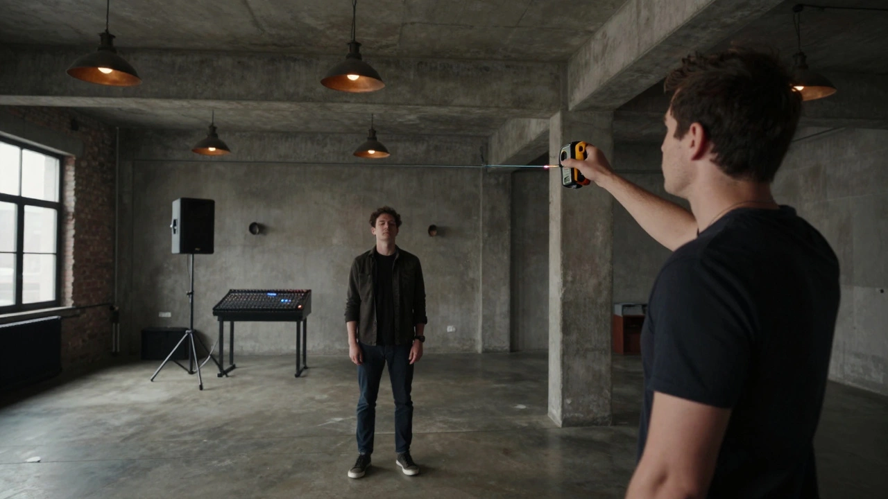 A location scout using a laser measurer in a large industrial loft.