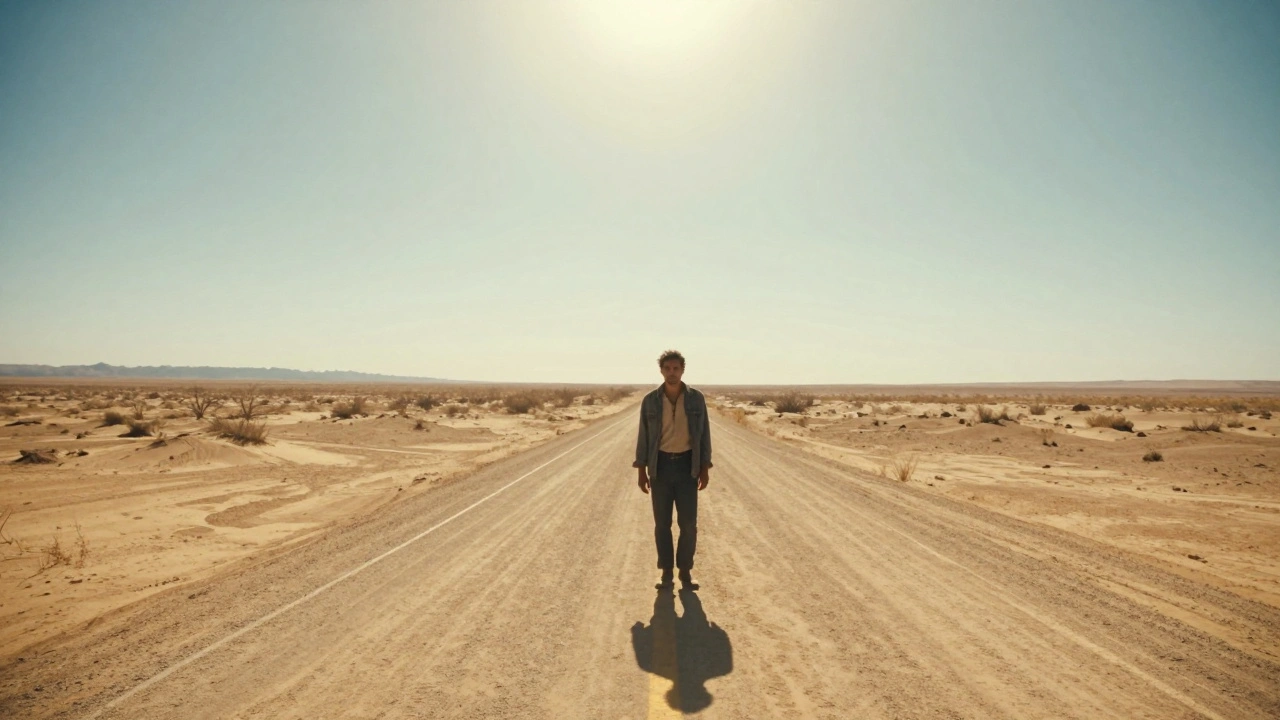 A lone person on a dusty road in a bright, bleached desert landscape