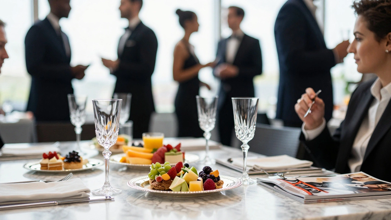 A luxury brunch table with champagne and trade magazines at a Hollywood industry event.