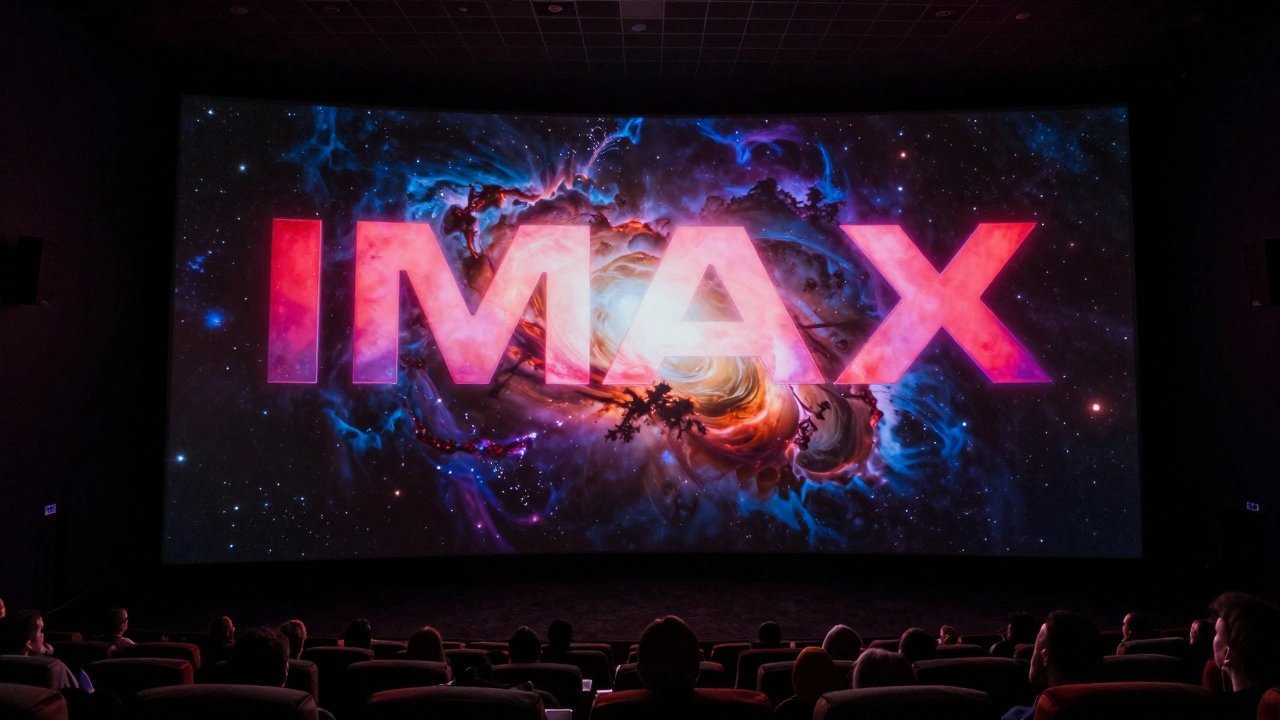 A massive IMAX screen showing a cosmic scene to a captivated audience