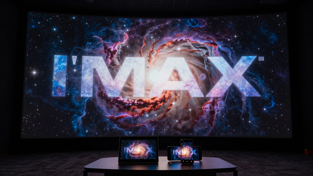 A massive IMAX screen showing space next to a tablet and phone displaying the same image.