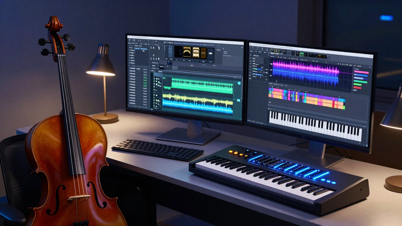 A modern music studio featuring a computer with audio software, a synthesizer, and a cello.