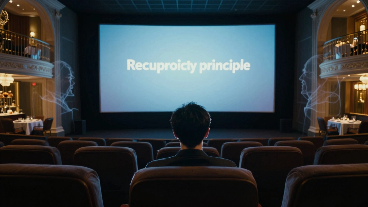 A movie critic in a theater surrounded by surreal symbols of luxury.