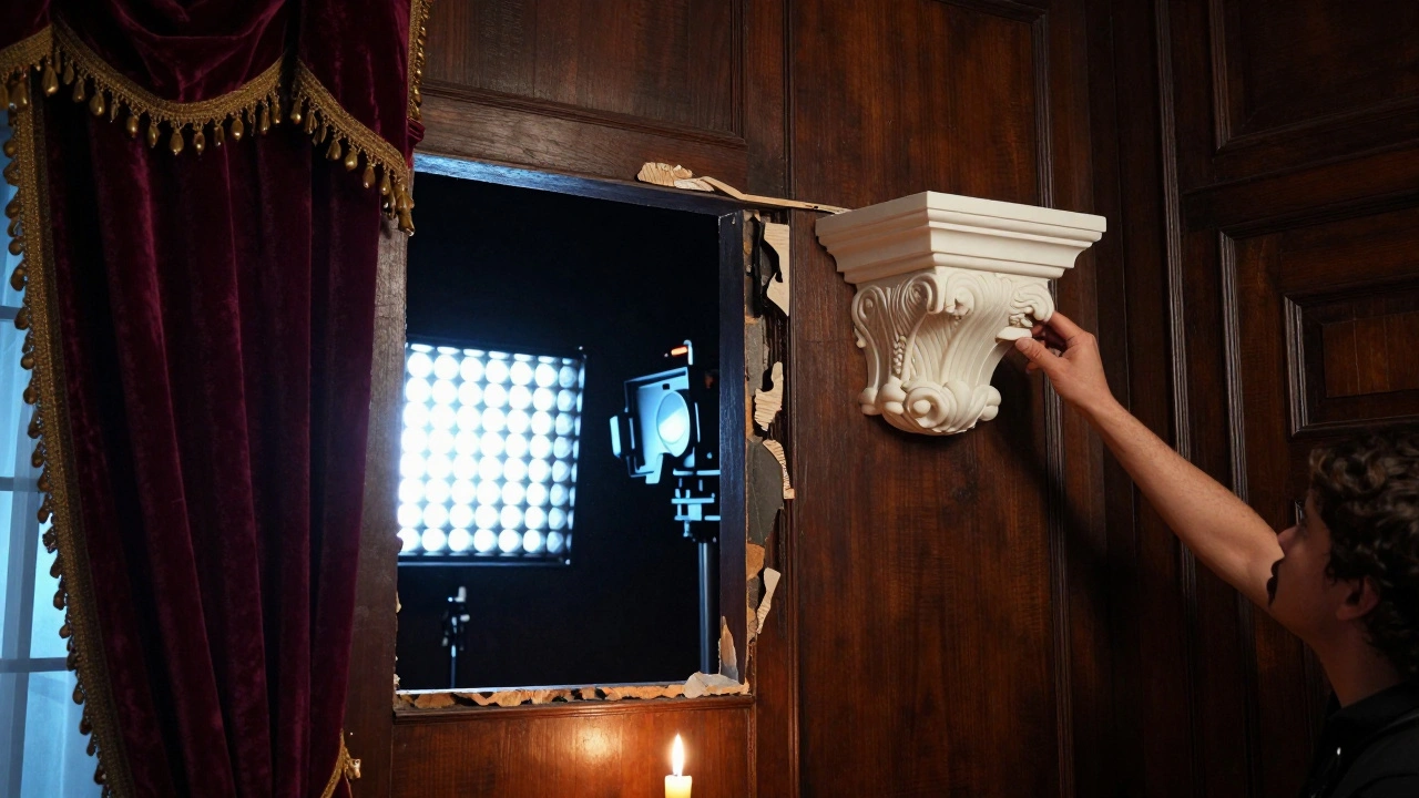 A movie set showing a Victorian room with a missing wall revealing modern LED lighting equipment.