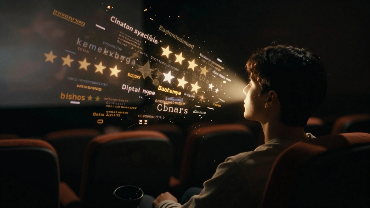 A moviegoer in a theater with floating digital headlines obscuring their view of the screen.