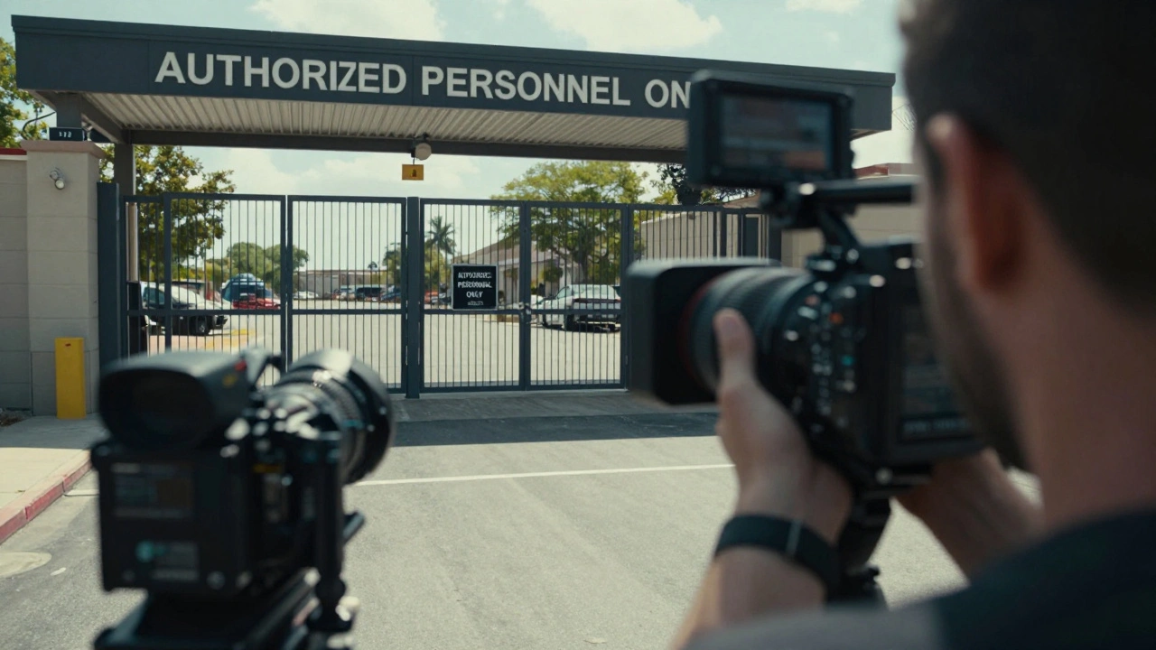 A paparazzi camera lens zooming in on a high-security movie studio entrance.