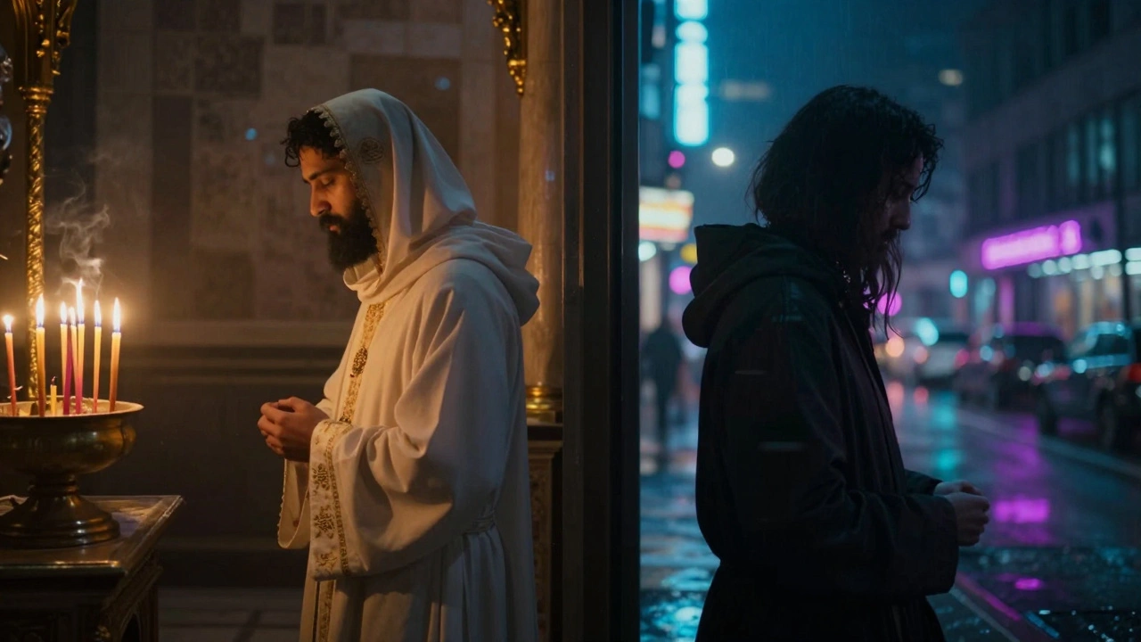 A person reflecting their dual identity between a traditional sacred space and a modern city