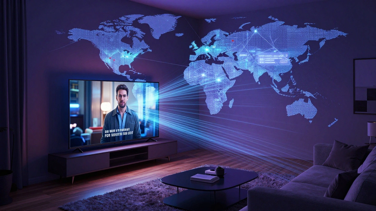 A person watching a foreign film with subtitles, connected to a global digital network map.