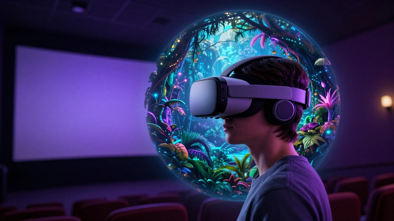 A person wearing a VR headset stepping from a movie theater into a glowing digital jungle
