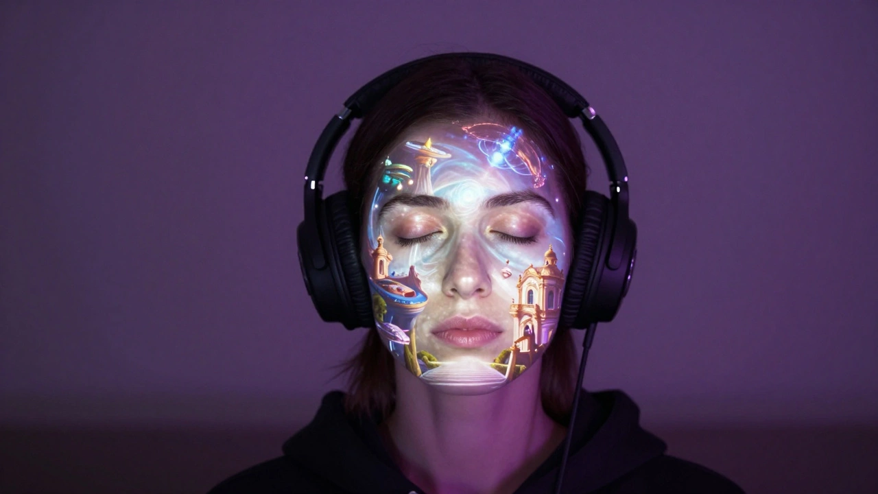 A person with headphones imagining a surreal world of palaces and space stations.