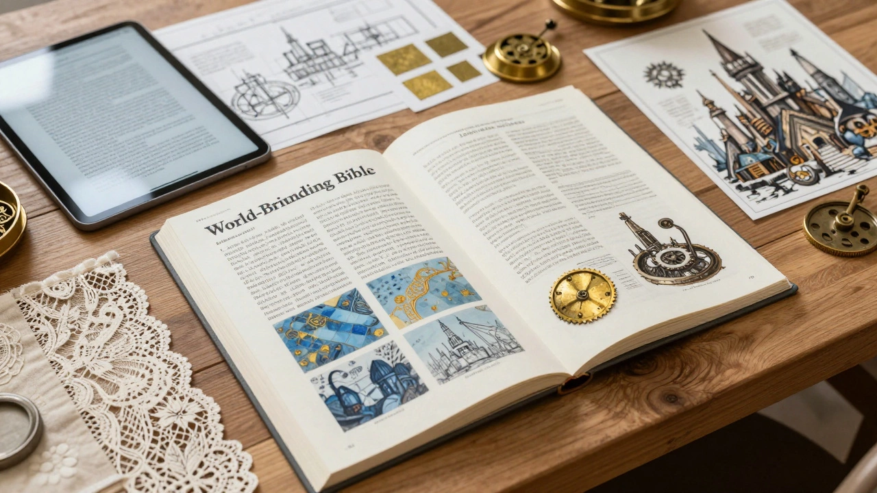 A production table with blueprints, color palettes, and fabric samples from a world-building design doc.