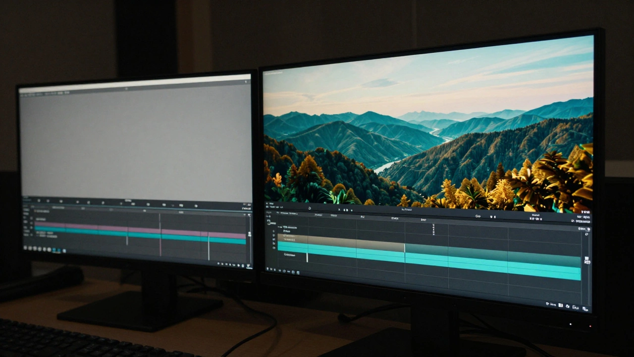 A professional color grading suite showing a cinematic image transitioning from raw to graded colors.