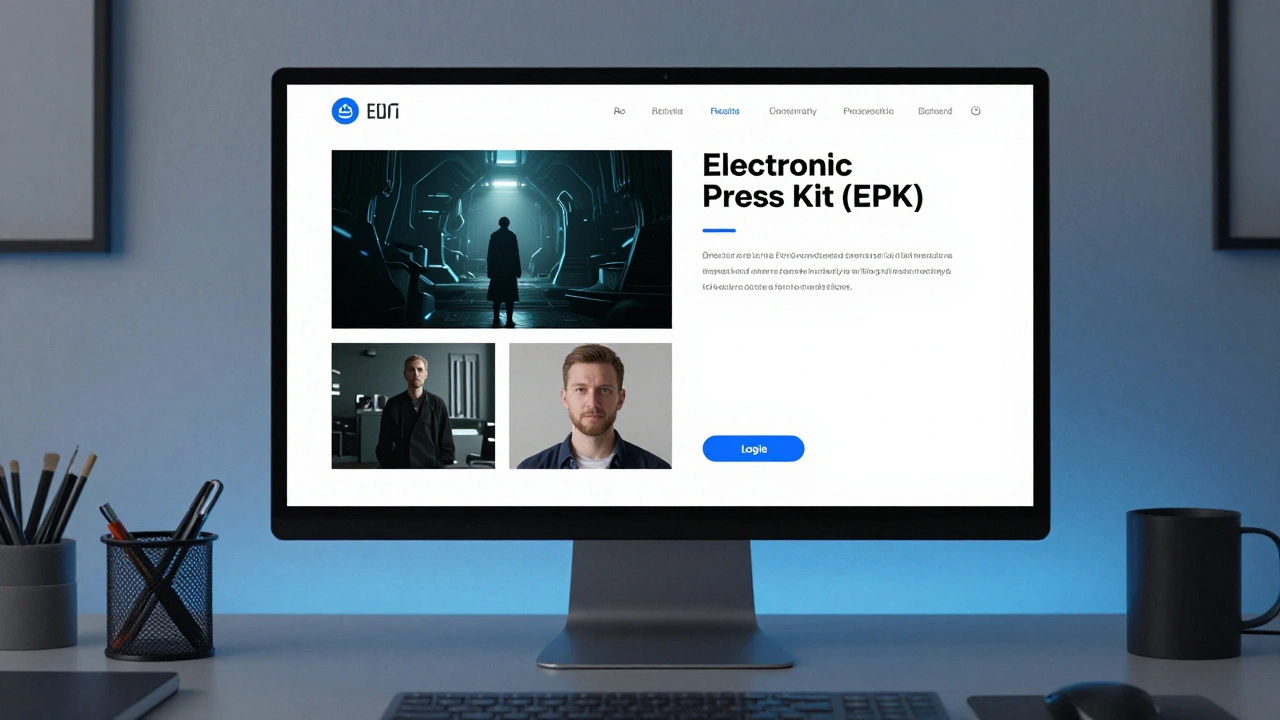 A professional electronic press kit for a film displayed on a computer monitor in a studio