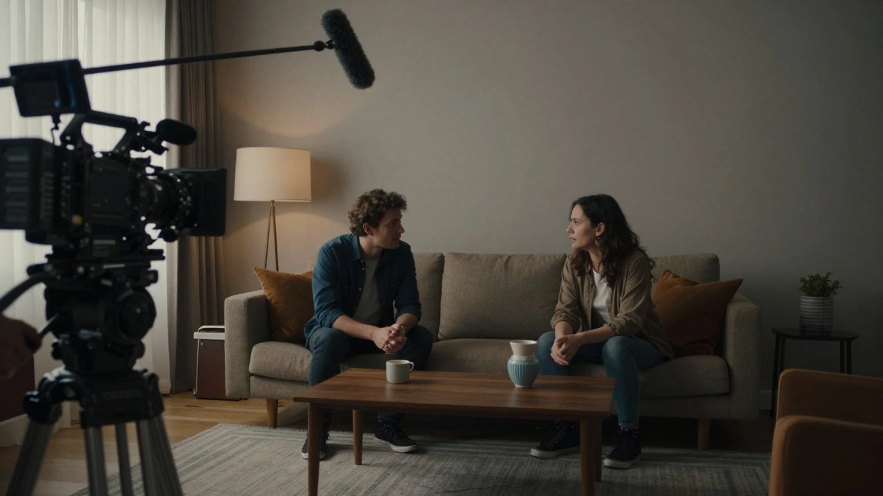 A professional film crew filming an intense scene between two actors in a modern living room.
