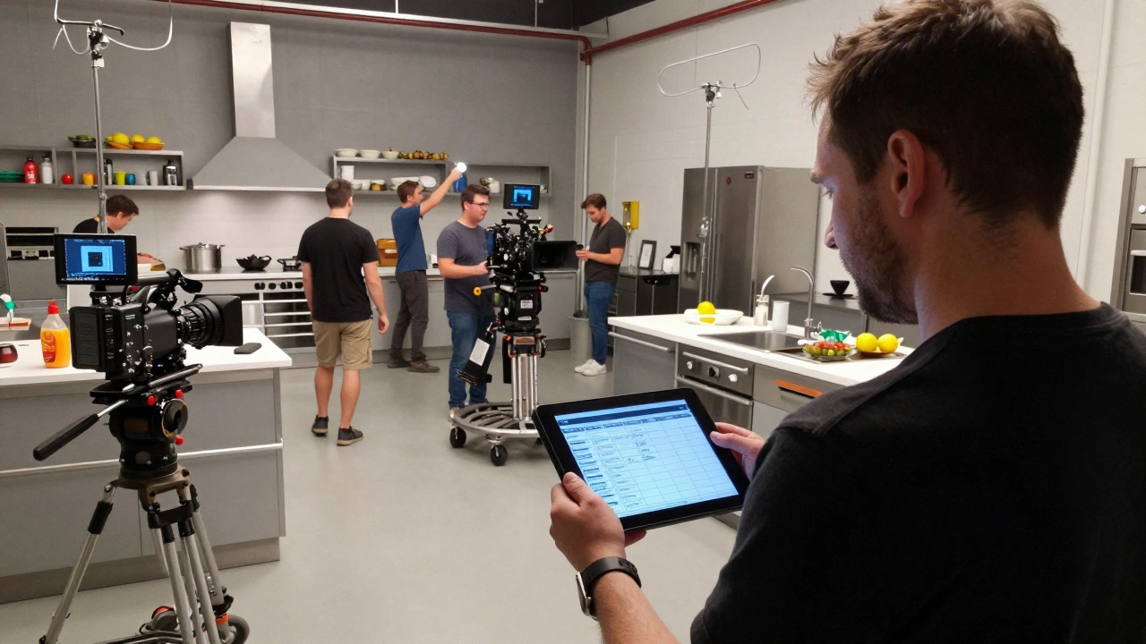 A professional film crew organizing a shoot in a kitchen set based on a production schedule.