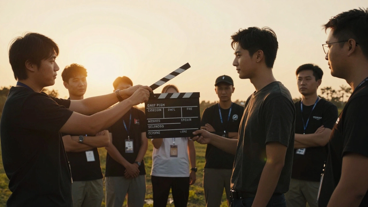 A professional film set with a clapboard and crew during a golden hour shoot.